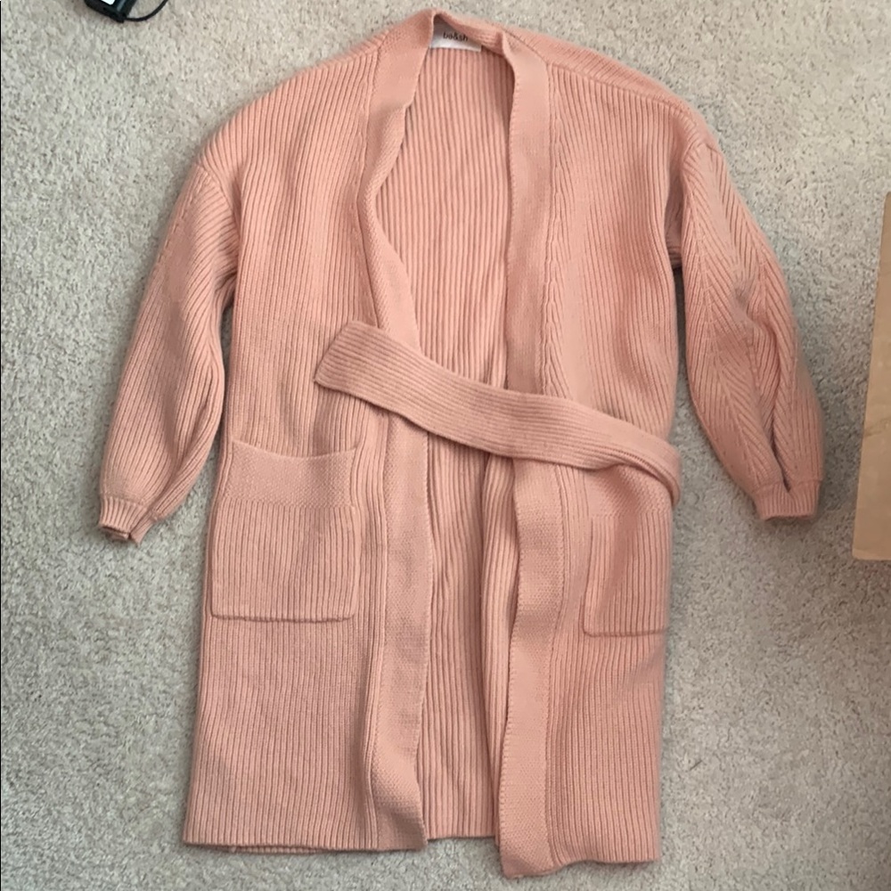 Sezane Dusty Blush Ribbed Long Open-Front Cardigan with Belt